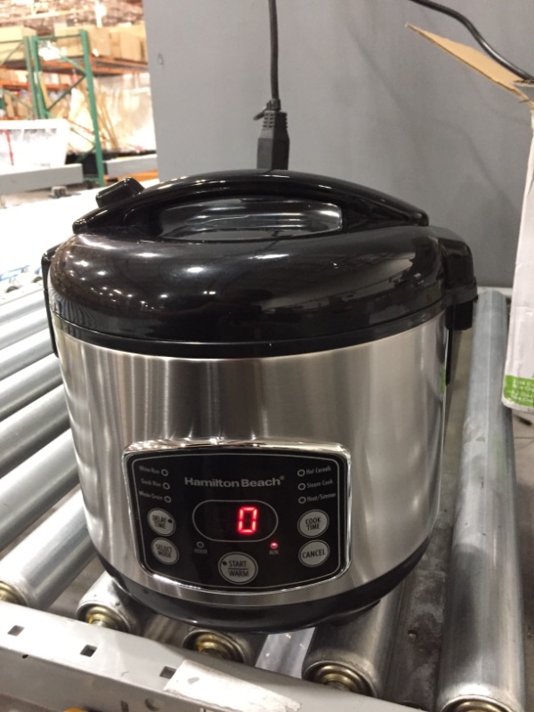 Photo 2 of tested powers on**
Hamilton Beach Digital Programmable Rice Cooker & Food Steamer, 14 Cups Cooked (7 Uncooked) With Steam & Rinse Basket, Stainless Steel (37548)
