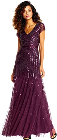 Photo 1 of Adrianna Papell Women's Long Beaded V-Neck Dress with Cap Sleeves and Waistband
