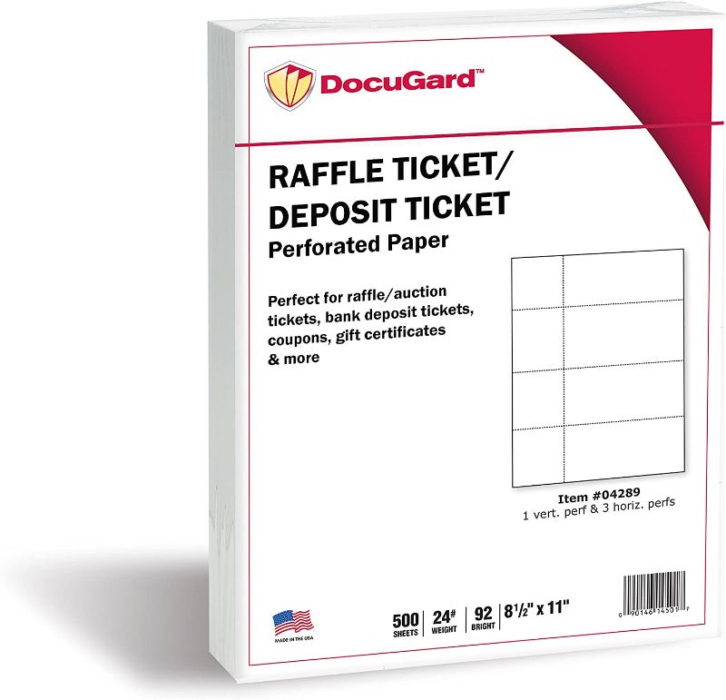 Photo 1 of DocuGard Perforated Paper for Deposit Tickets, Raffle Tickets, and More, Tear-Away Stubs, 8.5 x 11, 24 lb, 4 Perfs, 500 Sheets, White (04289-1)
