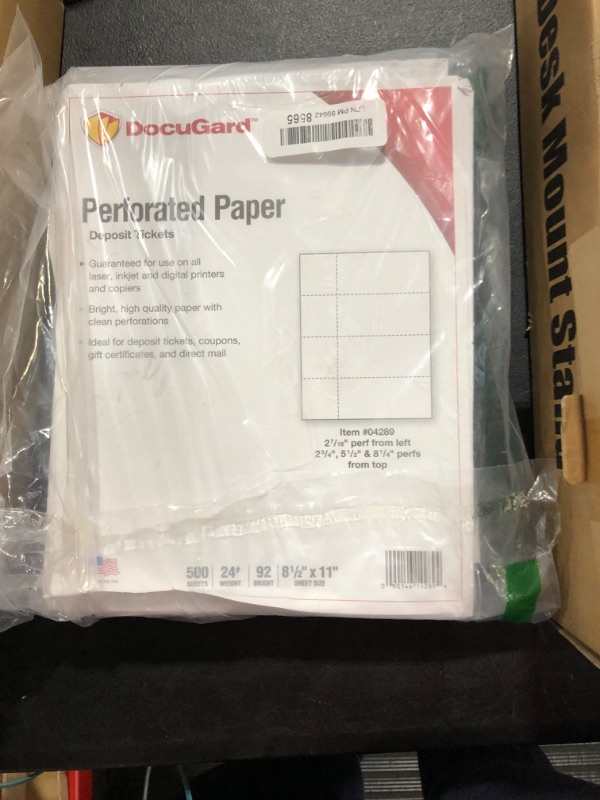 Photo 2 of DocuGard Perforated Paper for Deposit Tickets, Raffle Tickets, and More, Tear-Away Stubs, 8.5 x 11, 24 lb, 4 Perfs, 500 Sheets, White (04289-1)
