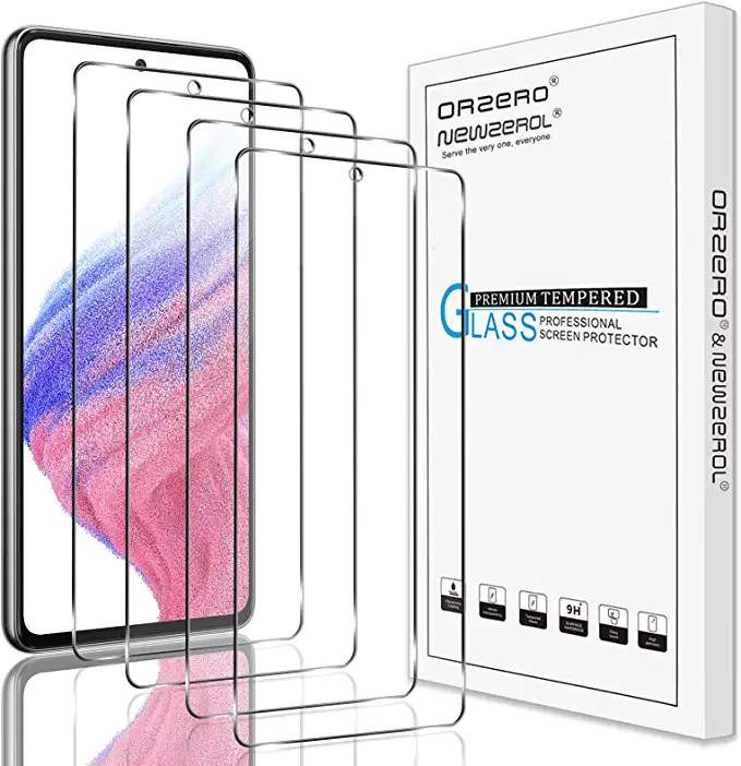 Photo 1 of (4 Pack) Orzero Compatible for Samsung Galaxy A53 5G, A52, A52 5G Screen Protector, Tempered Glass 2.5D Arc Edges 9 Hardness HD Bubble-Free (Lifetime Replacement)
