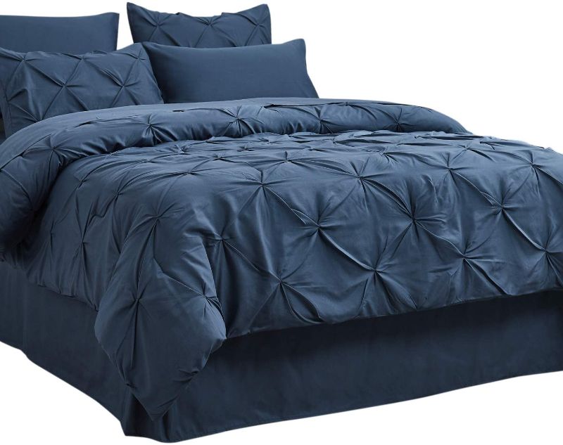 Photo 1 of Bedsure Blue Comforter Set King - 8 Pieces Pintuck Navy King Size Bed in A Bag, Pinch Pleat Navy King Bedding Sets with Comforters, Sheets, Pillowcases & Shams, Kids Bedding Set
