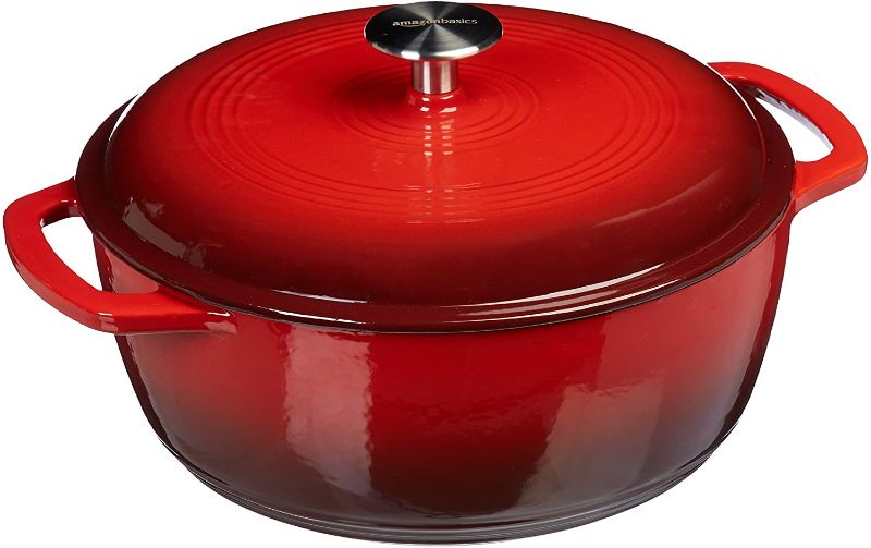 Photo 1 of Amazon Basics Enameled Cast Iron Covered Dutch Oven, 7.3-Quart, Red
