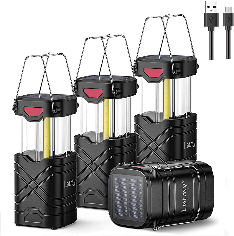 Photo 1 of LETMY 4 Pack Camping Lantern, Rechargeable LED Lanterns, Solar Lantern Battery Powered Hurricane Lantern Flashlights with 3 Powered Ways & USB Cable for Emergency, Power Outage, Hurricane Supplies
