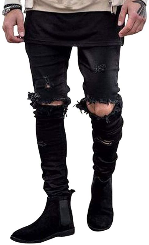 Photo 1 of HUNGSON Men's Stretchy Ripped Skinny Biker Jeans Taped Slim Fit Denim Pants, BLACK, SIZE 34
