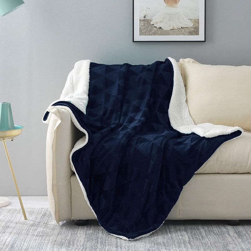 Photo 1 of 127x178CM Large Throw Blanket, Reversible Brushed Flannel Fleece& Plush Sherpa Blanket(Navy Blue)
