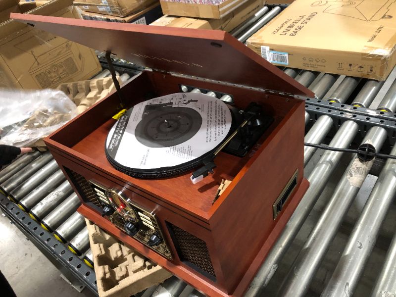 Photo 2 of Victrola Nostalgic 7-in-1 Bluetooth Record Player & Multimedia Center with Built-in Speakers - 3-Speed Turntable, CD & Cassette Player, AM/FM Radio, USB | Wireless Music Streaming | Mahogany
