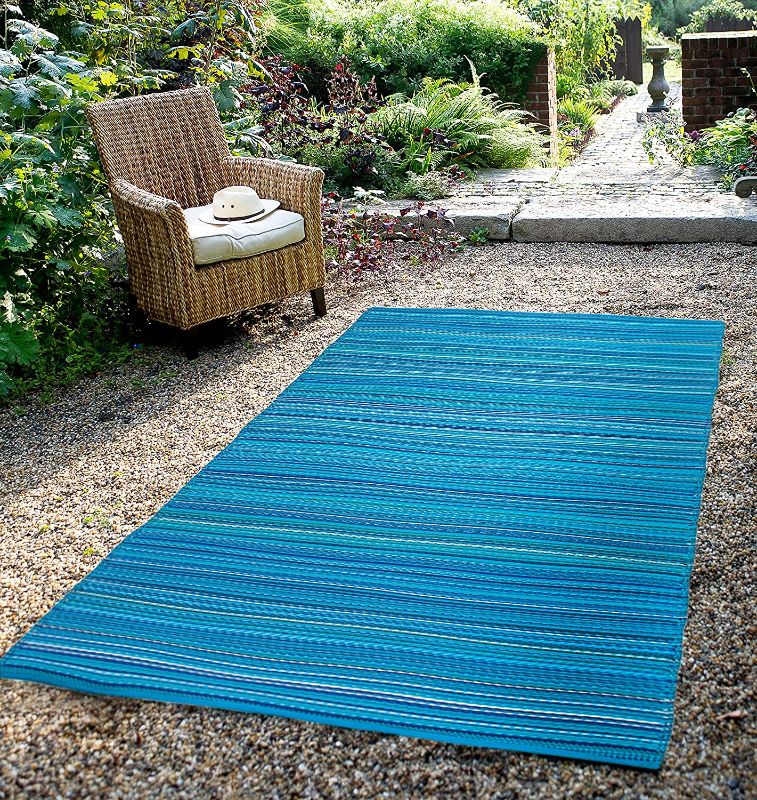 Photo 1 of FH Home Outdoor Rug - Waterproof, Fade Resistant, Crease-Free - Premium Recycled Plastic - Striped - Patio, Deck, Porch, Balcony, Laundry Room - Havana - Turquoise - 4 x 6 ft
