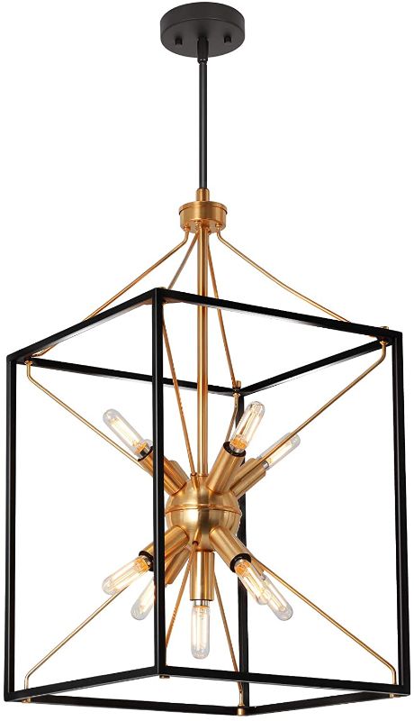 Photo 1 of 9-Light Chandelier, Adjustable Height Lantern Pendant Light with Black and Brass Finish, Metal Light Fixture for Dining & Living Room, Foyer, Bedroom, Kitchen Island and Entryway, 21.8"H x 12"W
