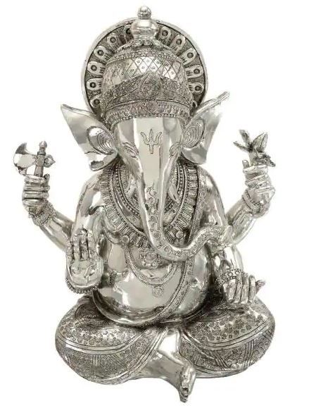 Photo 1 of 16 in. X 12 in. Antique Silver Sitting Ganesh Sculpture with Patterned Detailing
