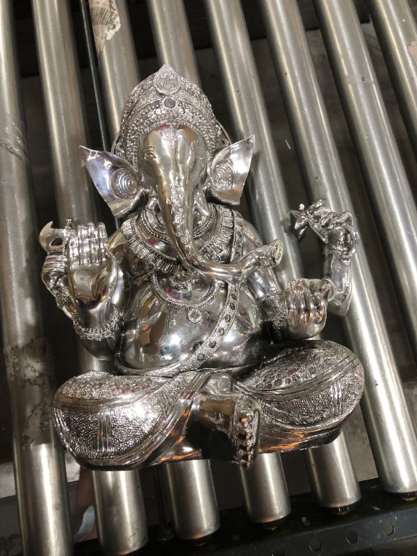 Photo 2 of 16 in. X 12 in. Antique Silver Sitting Ganesh Sculpture with Patterned Detailing
