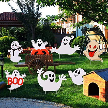 Photo 1 of 7 Pack Halloween Yard Signs Halloween Ghost Corrugated Yard Stake Signs Outdoor Props Decorations with Stakes for Halloween Yard/Lawn Decorations
