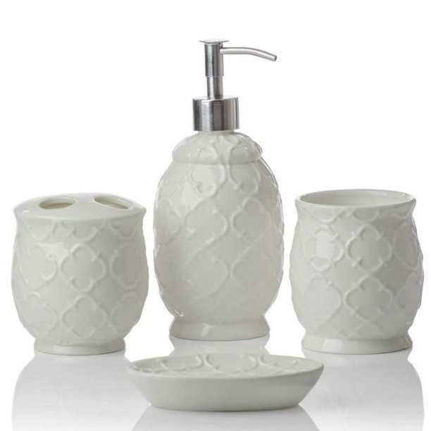 Photo 1 of Comfify Luxury 4 Piece Solid Print Ceramic Bath Accessories Sets, Off-White
