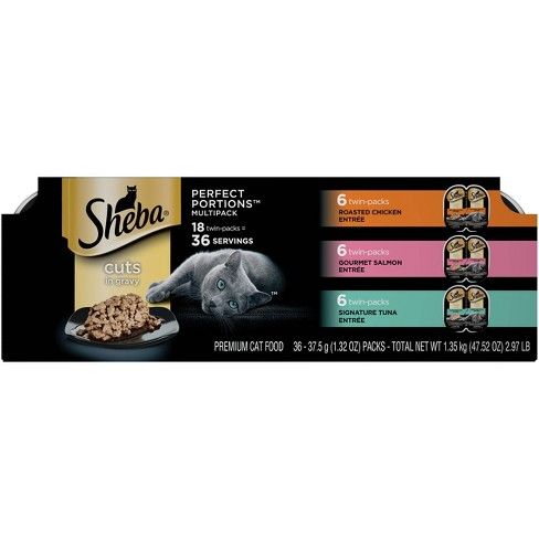 Photo 1 of 2 PACK Sheba Perfect Portions Cuts In Gravy Chicken, Salmon & Tuna Entrée Premium Wet Cat Food - 2.6oz/18ct Variety Pack, BEST BY 01 2024

