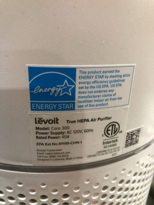 Photo 4 of LEVOIT Air Purifier for Home Allergies Pets Hair in Bedroom, H13 True HEPA Filter, 24db Filtration System Cleaner Odor Eliminators, Ozone Free, Remove 99.97% Dust Smoke Mold Pollen, Core 300, White
