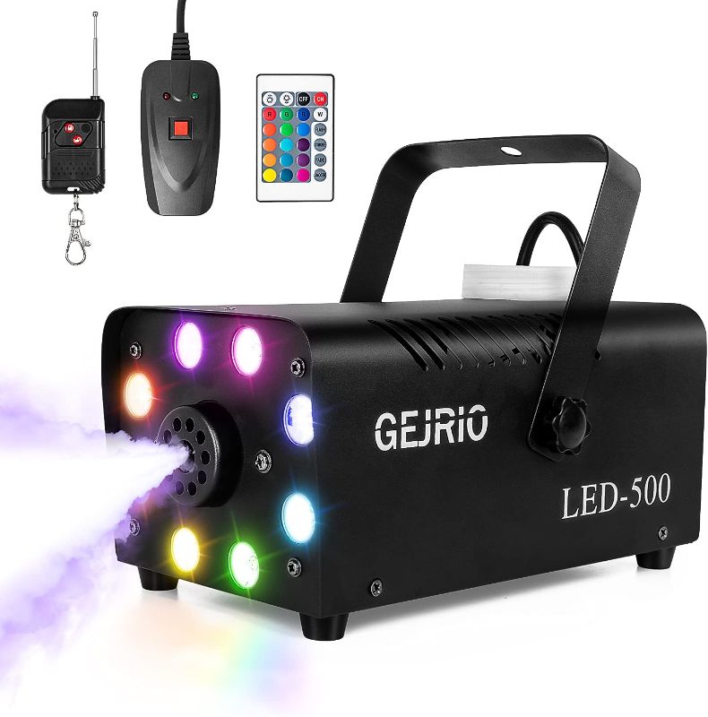 Photo 1 of GEJRIO Fog Machine, 500W Smoke Machine with 16 Color Controllable Lights Effect, Wireless and Wired Remote Control with Preheating Light Indicator for Weddings, Halloween, Parties & Stage-Black
