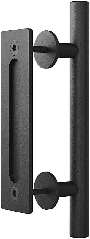 Photo 1 of (All-New) Haritoft 12" Sliding Barn Door Handle Pull and Flush Hardware Set, Flat Back-Plate Design, Rustic Black
