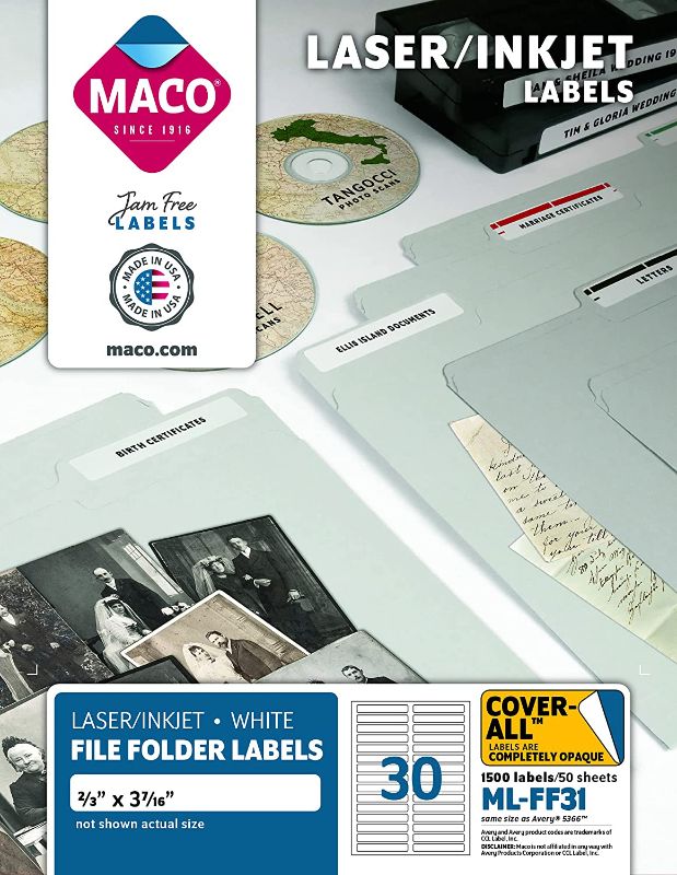 Photo 1 of MACO Laser/Ink Jet White File Folder Labels, 2/3 x 3-7/16 Inches, 30 Per Sheet, 1500 Per Box (ML-FF31)
