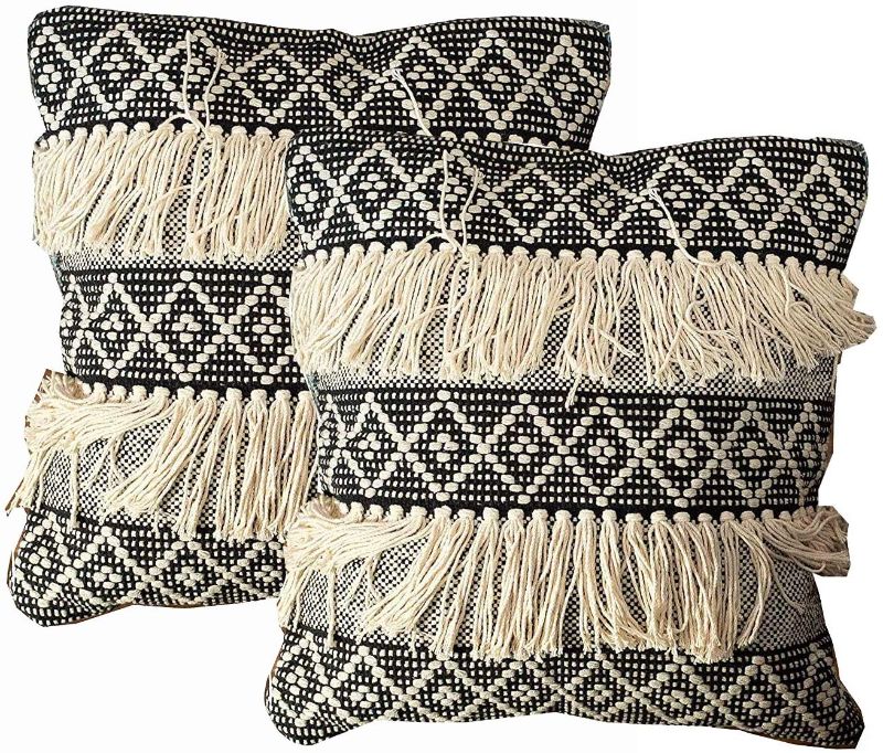 Photo 1 of COVERS ONLY Chardin home Black & Ivory Boho Pillow Covers, Set of 2 Decorative Throw Pillow Covers 20x20 with Fringe Tassels | Farmhouse Pillow Cover with Woven Diamond Design
