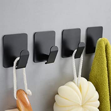 Photo 1 of Adhesive Hooks - Black Towel Hooks 4 Packs Coat Robe Hooks Stainless Steel Wall Hooks Rustproof and Oil Proof for Kitchen Bathroom
