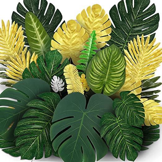 Photo 1 of Auihiay 84 Pieces 23 Kinds Artificial Palm Leaves Golden Tropical Leaves with Stems Faux Jungle Leaf Decorations for Hawaiian Luau Beach Baby Shower Wedding Birthday Party Decorations
