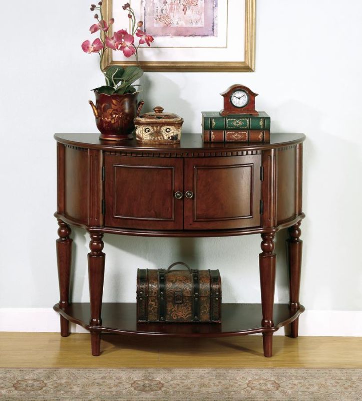 Photo 1 of Accent Tables Collection 950059 38" Console Table with 2 Doors Curved Front Inlay Shelf Metal Hardware and Tapered Legs in Brown
