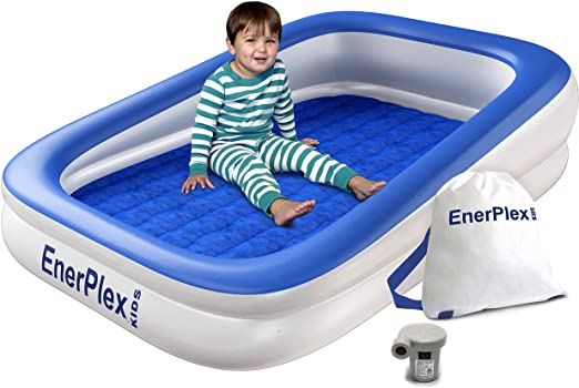 Photo 1 of EnerPlex Kids Inflatable Travel Bed with High Speed Pump, Portable Air Mattress for Kids on The Go, Blow up Toddler Travel Bed with Sides – Built-in Safety Bumper - Blue
