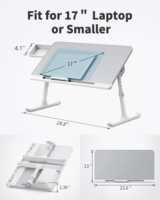 Photo 1 of SAIJI Laptop Bed Tray Table, Laptop Desk for Bed,Adjustable Foldable Table Stand with Storage Drawer for Couch Floor Eating, Working, Writing,PVC Leather Non-Slip Table Top,Fit with 17" Laptop(Gray)
