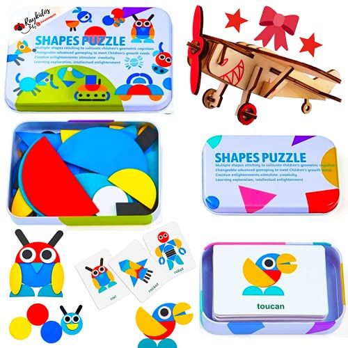 Photo 1 of ExcelGadgets Wooden Block Puzzles,? Includes 3D Plane Puzzle ? Shapes Puzzle, Wooden Animals Games, Stem Activities, Travel Toys for Kids Ages 3-5
