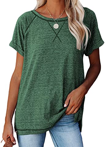 Photo 1 of ayreus Women's Casual Short Sleeve T Shirts Crewneck Raglan Tees Side Split Summer Tunic Tops
