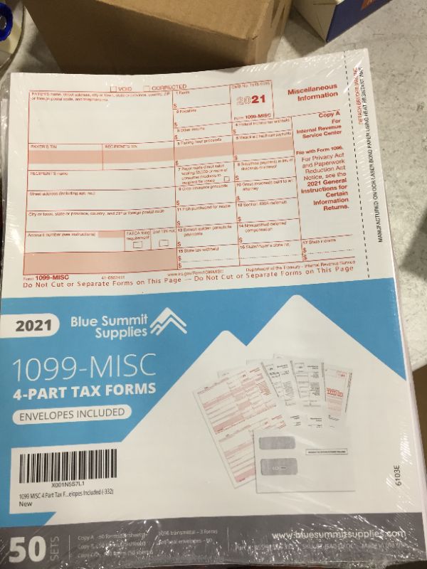 Photo 2 of 1099 MISC Forms 2021, 4 Part Tax Forms Kit, 50 Vendor Kit of Laser Forms, Compatible with QuickBooks and Accounting Software, 50 Self Seal Envelopes Included, 2 PACKS!!!
