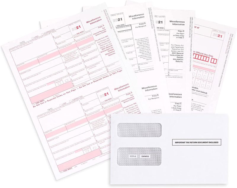 Photo 1 of 1099 MISC Forms 2021, 4 Part Tax Forms Kit, 50 Vendor Kit of Laser Forms, Compatible with QuickBooks and Accounting Software, 50 Self Seal Envelopes Included, 2 PACKS!!!
