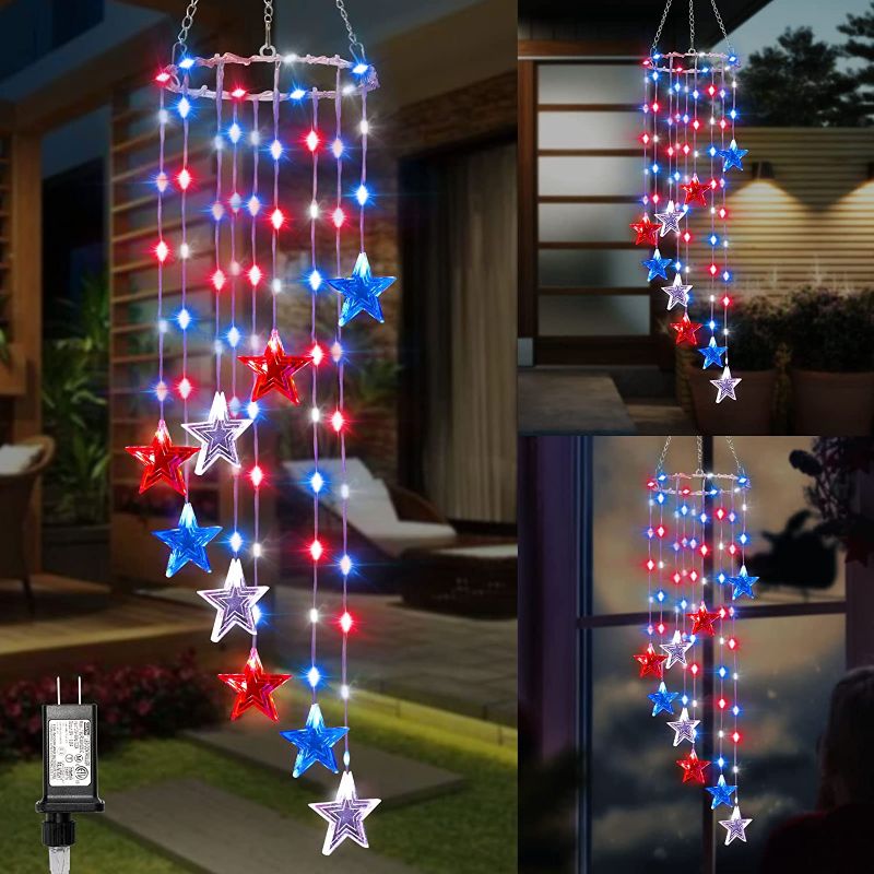 Photo 1 of 4th of July Decorations, 76 LED Red White and Blue Lights with 9 Big Stars, Patriotic Lights Memorial Wind Chimes with Waterproof, 8 Modes & Timer for Indoor Outdoor July 4th Decorations
