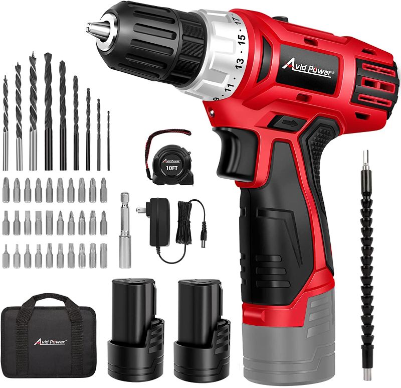 Photo 1 of AVID POWER Cordless Drill Set, 12V Power Drill Driver with 2 Batteries, Fast Charger, 42Pcs Accessories and Storage Bag, Variable Speed Electric Screwdriver, Drilling Machine for Home (2 Batteries)
