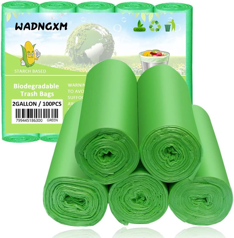 Photo 1 of 2 Gallon Compostable Trash Bags Small Biodegradable Garbage Bags 7.5 Liters Wastebasket Trash Liners for Bathroom Office Bedroom, Green 100 Counts
