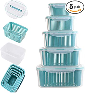 Photo 1 of 5-pack Vegetable Fruit Storage Containers for Fridge Berry Salad Lettuce Keeper with Draining Basket BPA-Free Produce Saver with Lids