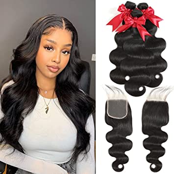 Photo 1 of 10A Body Wave Bundles with Closure (16 18 20+14) 100% Human Hair Bundles with Closure Brazilian Virgin Body Wave Human Hair Weave Bundles with 4x4 Lace Closure Free