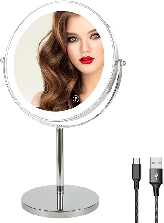 Photo 1 of 8" Lighted Makeup Mirror with Magnification, 1X/10X Magnifying Mirror with Light, Double Sided 360° Cordless Rechargeable, 3 Colors Brightness Adjustable Makeup Mirror with Lights with 52 LED(Silver)