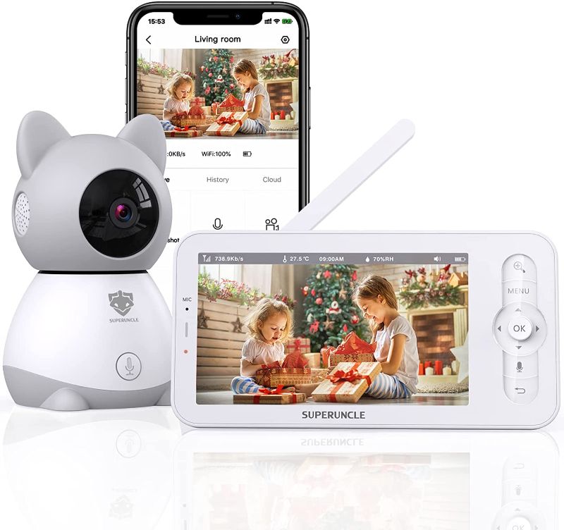 Photo 1 of Baby Monitor, SUPERUNCLE Video Baby Monitor with 1080P Digital Camera Support Infrared Night Vision, Humiture Sensor, Audio Two Way Talk, 2.4GHz Wireless Transmission, 1000ft Range, VOX Mode (White)
