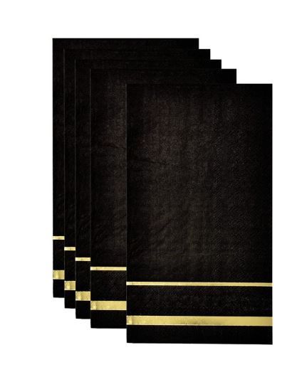 Photo 1 of 50 Gold Trim Lined Black Guest Napkins Disposable Paper Pack Elegant Dinner Hand Napkin for Bathroom Wedding Holiday Graduation Birthday Party Bridal Baby Shower Metallic Gold Foil Decorative Towel
