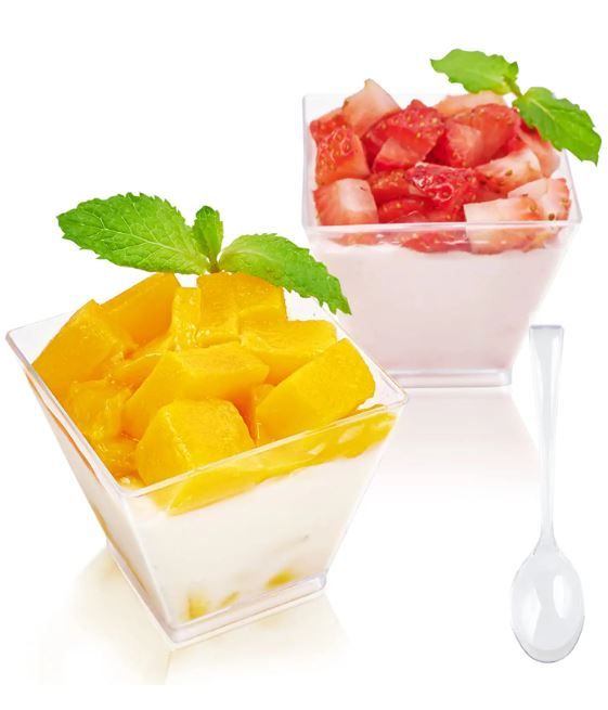 Photo 1 of 100 x 2oz Square Mini Dessert Cups with Spoons, Clear Plastic Parfait Appetizer Cup - Small Plastic Dessert Cups Reusable Serving Bowl for Tasting Party Desserts Appetizers
