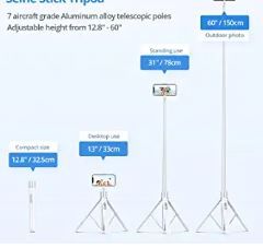 Photo 1 of ATUMTEK 60" Selfie Stick Tripod, All in One Extendable Phone Tripod Stand with Bluetooth Remote 360° Rotation for iPhone and Android Phone Selfies, Video Recording, Vlogging, Live Streaming, White