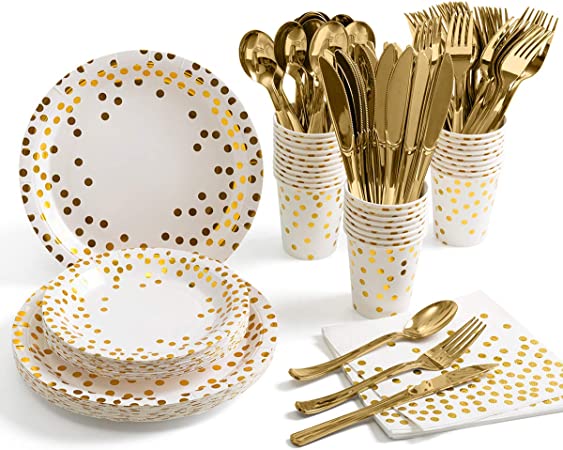 Photo 1 of 175 Piece Gold Party Supplies Set Serves 25 - Gold Paper Plates Napkins Cups with Gold Plastic Silverware Sets for Wedding Bridal Shower Baby Shower Holiday Parties