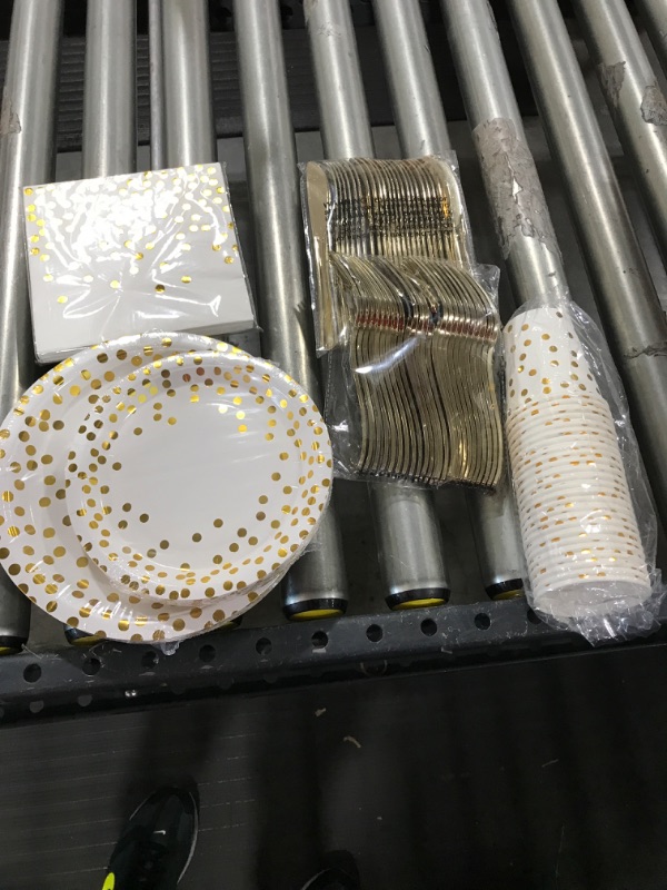 Photo 2 of 175 Piece Gold Party Supplies Set Serves 25 - Gold Paper Plates Napkins Cups with Gold Plastic Silverware Sets for Wedding Bridal Shower Baby Shower Holiday Parties