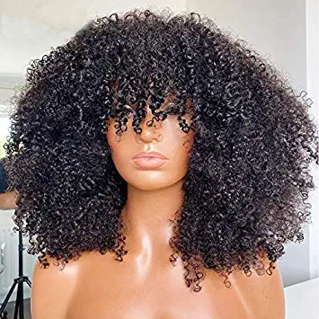 Photo 1 of Afro Kinky Curly Wig With Bangs Full Machine Made Scalp Top Wig 200 Density Virgin Brazilian Short Curly Human Hair Wigs Natural Color 20 inch