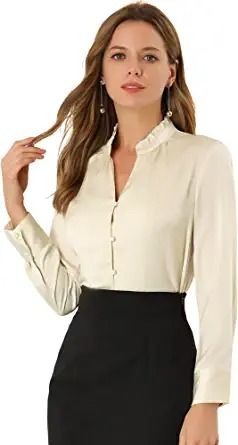 Photo 1 of Allegra K Women's Ruffled Stand Collar Shirt Long Sleeve Button Elegant Satin Blouse, XL