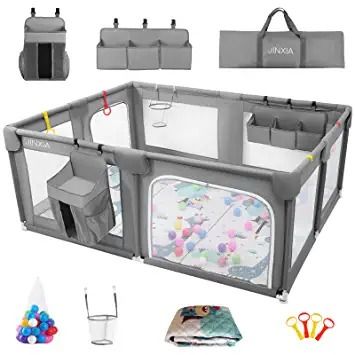 Photo 1 of Baby Playpen Set(Grey 75”×59”), playpen for Babies and Toddlers, Portable Extra Large Baby Fence Area with Anti-Slip Base, Safety Play Center Yard Home Indoor & Outdoor with Play Mat