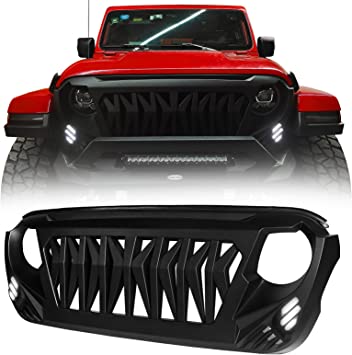 Photo 1 of Hooke Road JL/JT Front Grille Shark Grill w/White Lights DRL for Jeep Wrangler JL 2018-2022 2/4 Doors & Gladiator JT 2020-2022 Matte Black Grid

