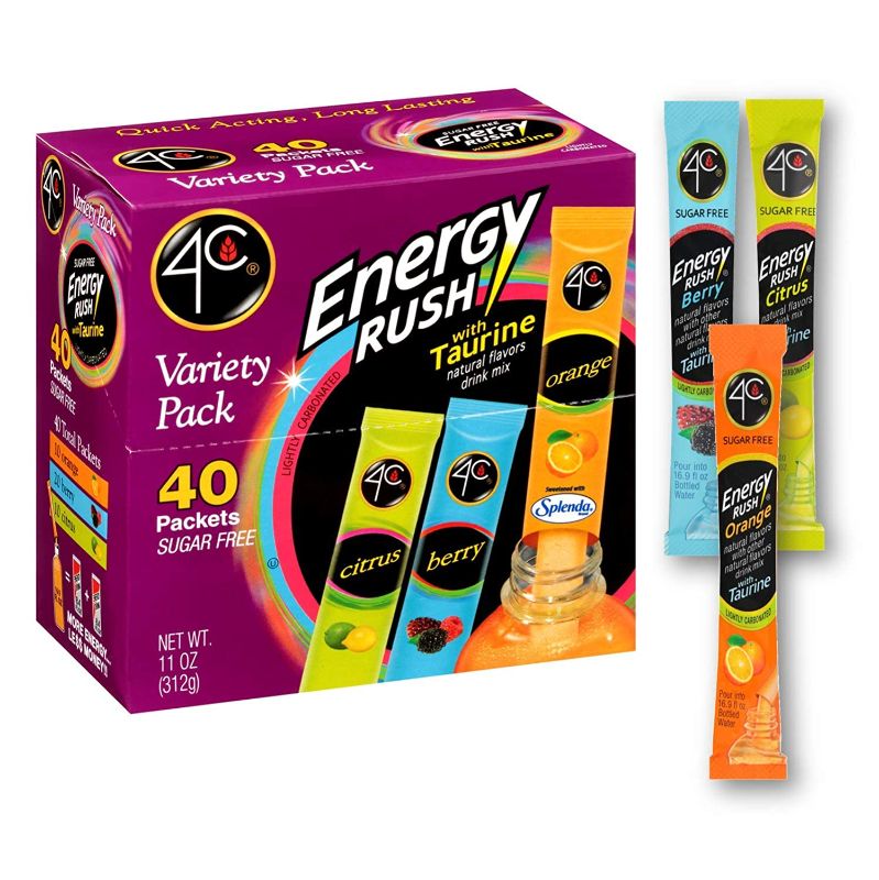 Photo 1 of 4C Energy Rush Stix, Single Serve Water Flavoring Packets, Sugar Free with Taurine, On the Go Bundle 40 Count (Variety Pack, 1 Pack)
BEST BY APRIL 2024