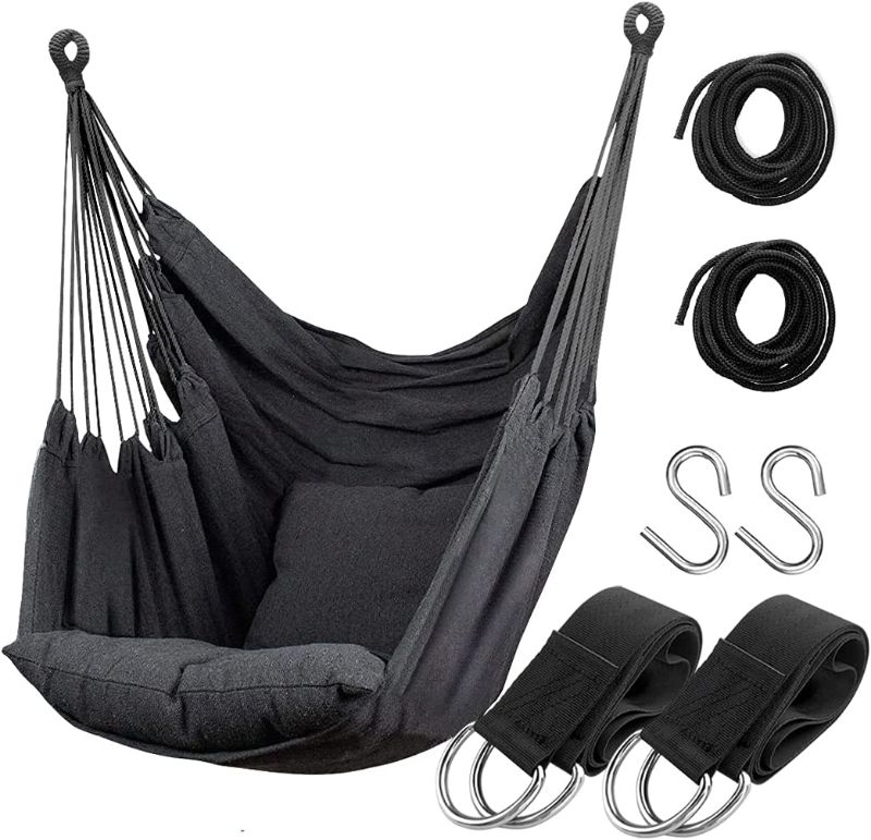 Photo 1 of  Hammock Chair Hanging Rope Swing Seat for Indoor Outdoor, Sturdy Cotton Weave Hammock Swing, Max 300Lbs Hanging Hammock Chair (Pole and Pillows NOT Included, Gray)
